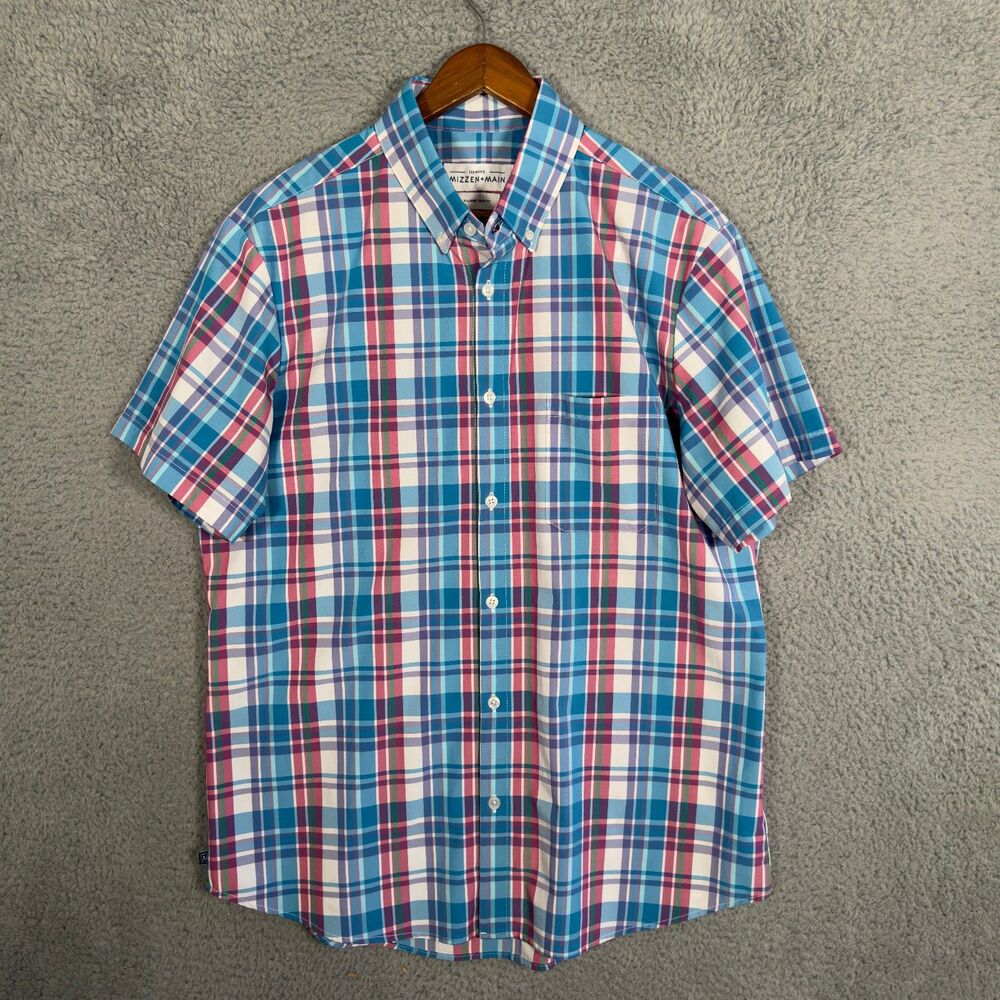 Mizzen + Main Leeward Polo Shirt Mens XL Blue Plaid Short Sleeve Performance